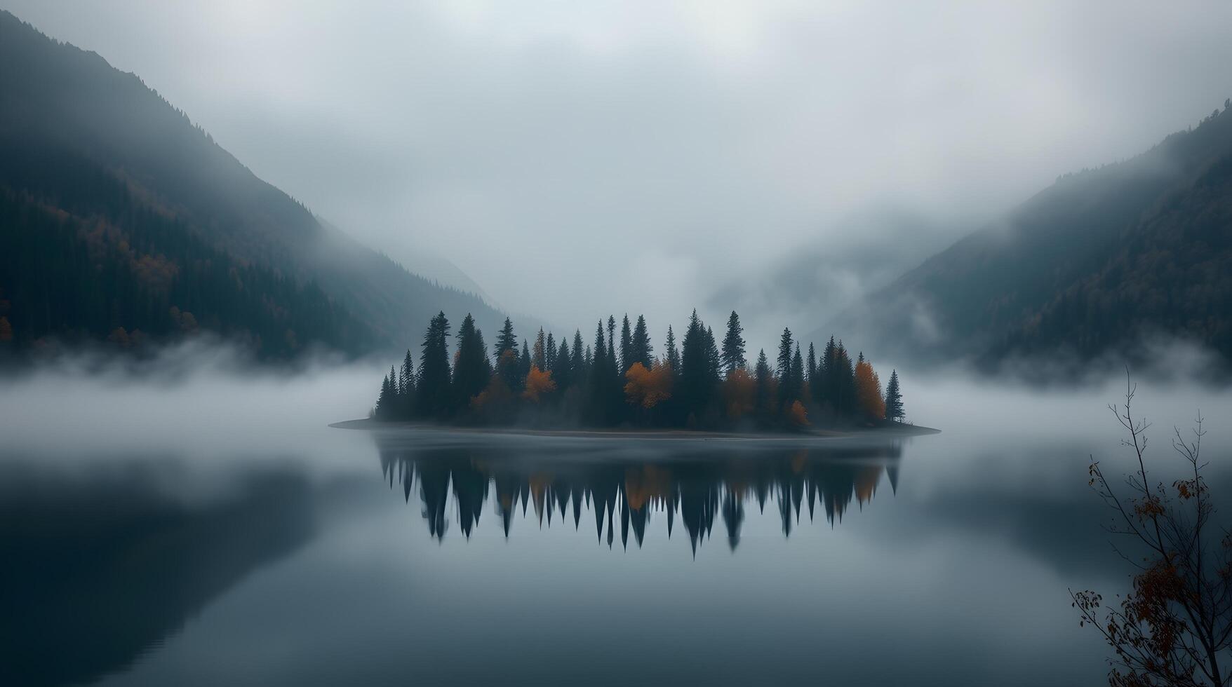 Misty Lake Landscape with Island and Forest Reflection Under Cloudy Sky photo