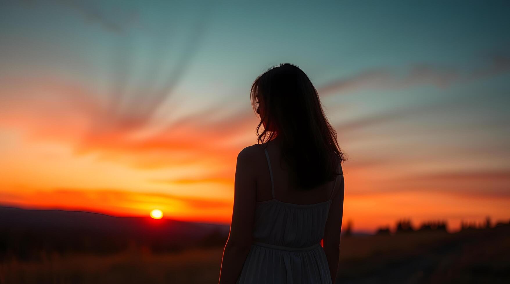Woman Silhouetted Watching Vibrant Sunset Over Landscape for Travel Photography photo