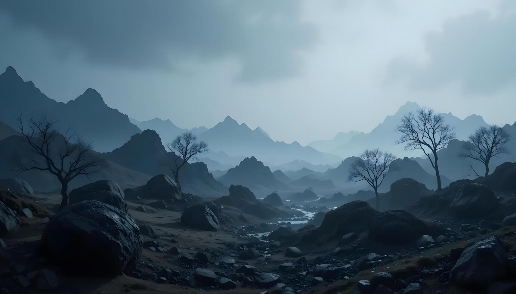 Misty Mountain Valley with Bare Trees and Flowing Stream Landscape photo