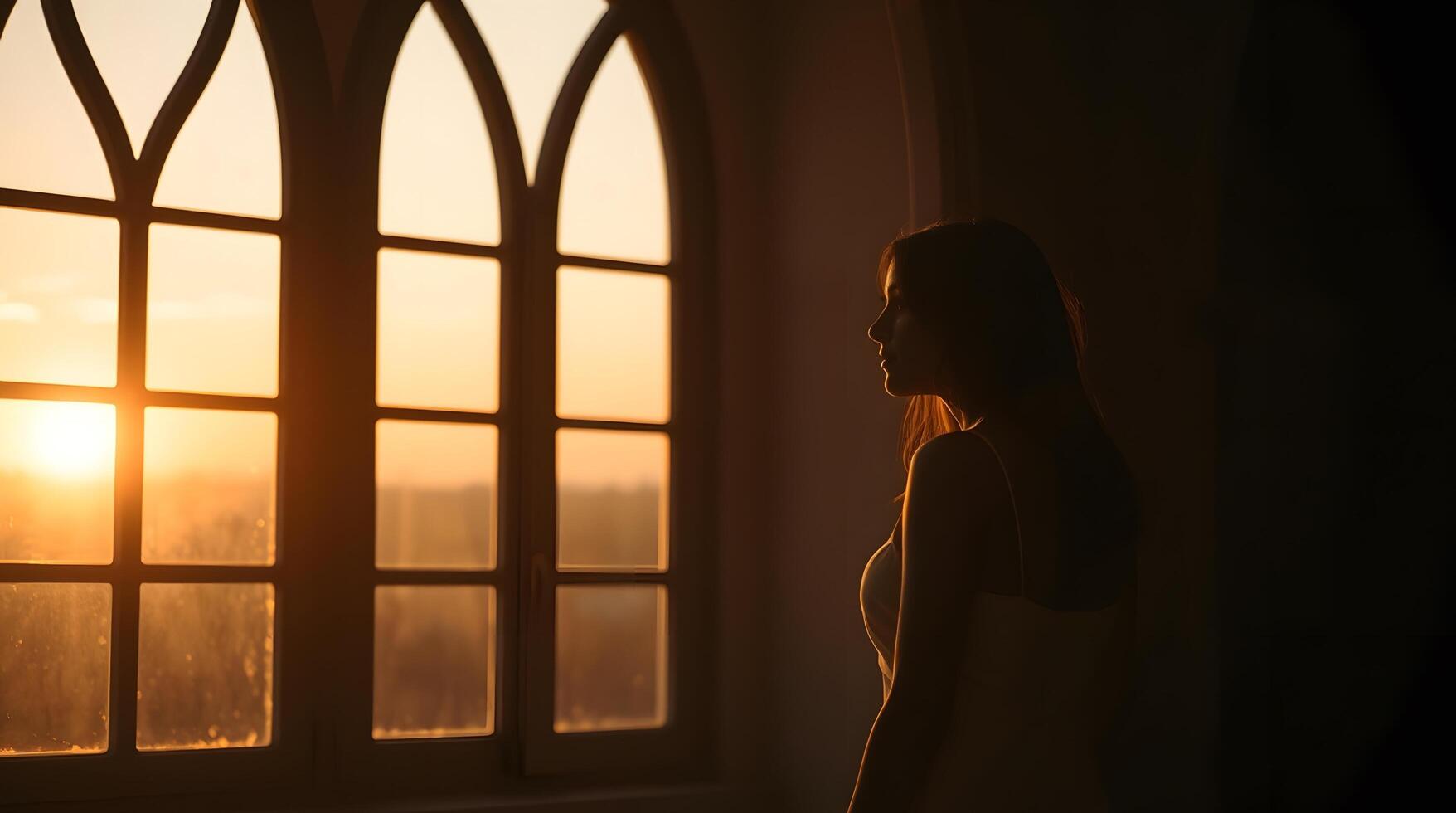 Woman Silhouette Watching Sunset Through Gothic Window with Golden Light photo