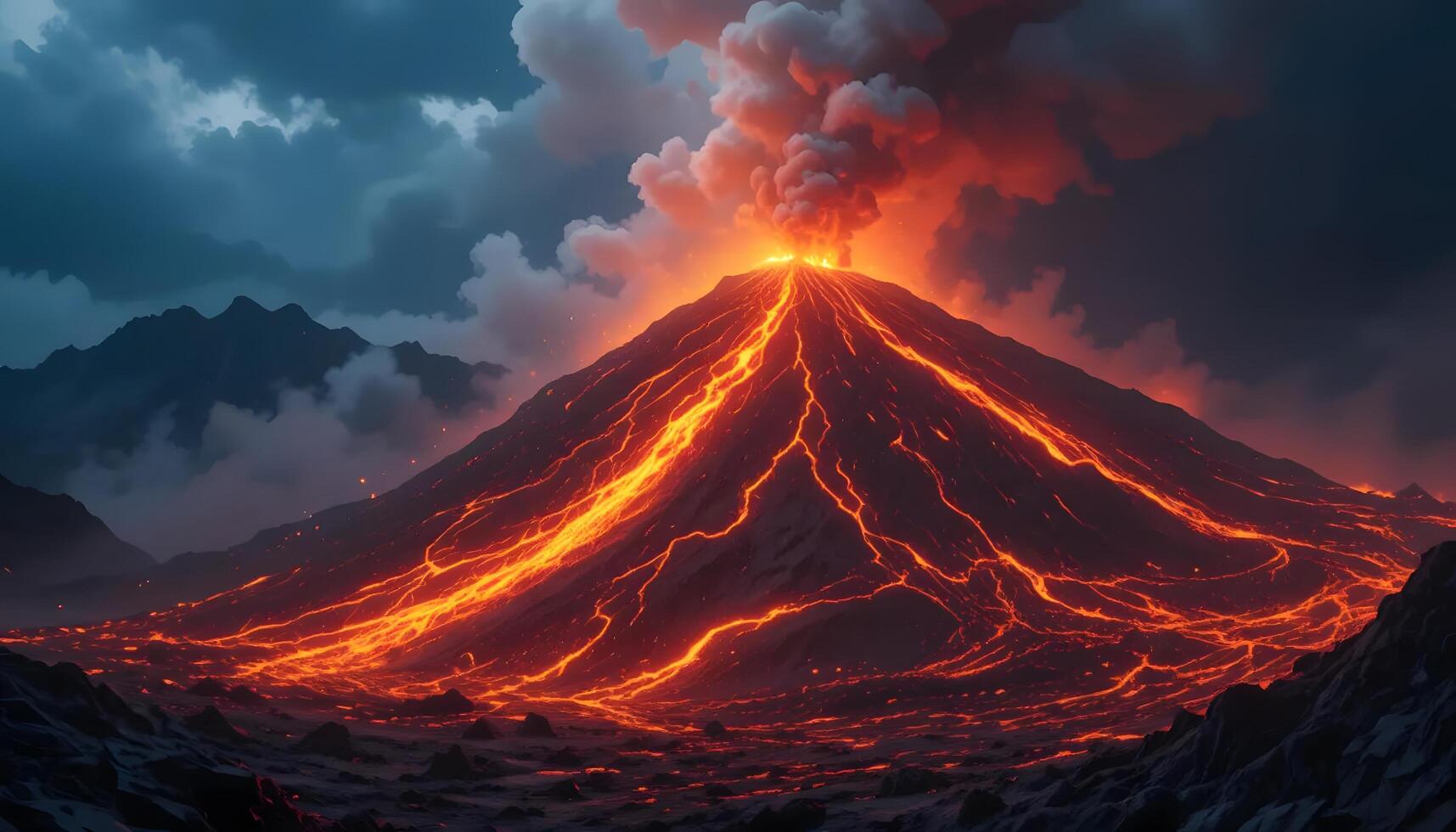 Erupting Volcano with Flowing Lava and Dramatic Sky Landscape photo