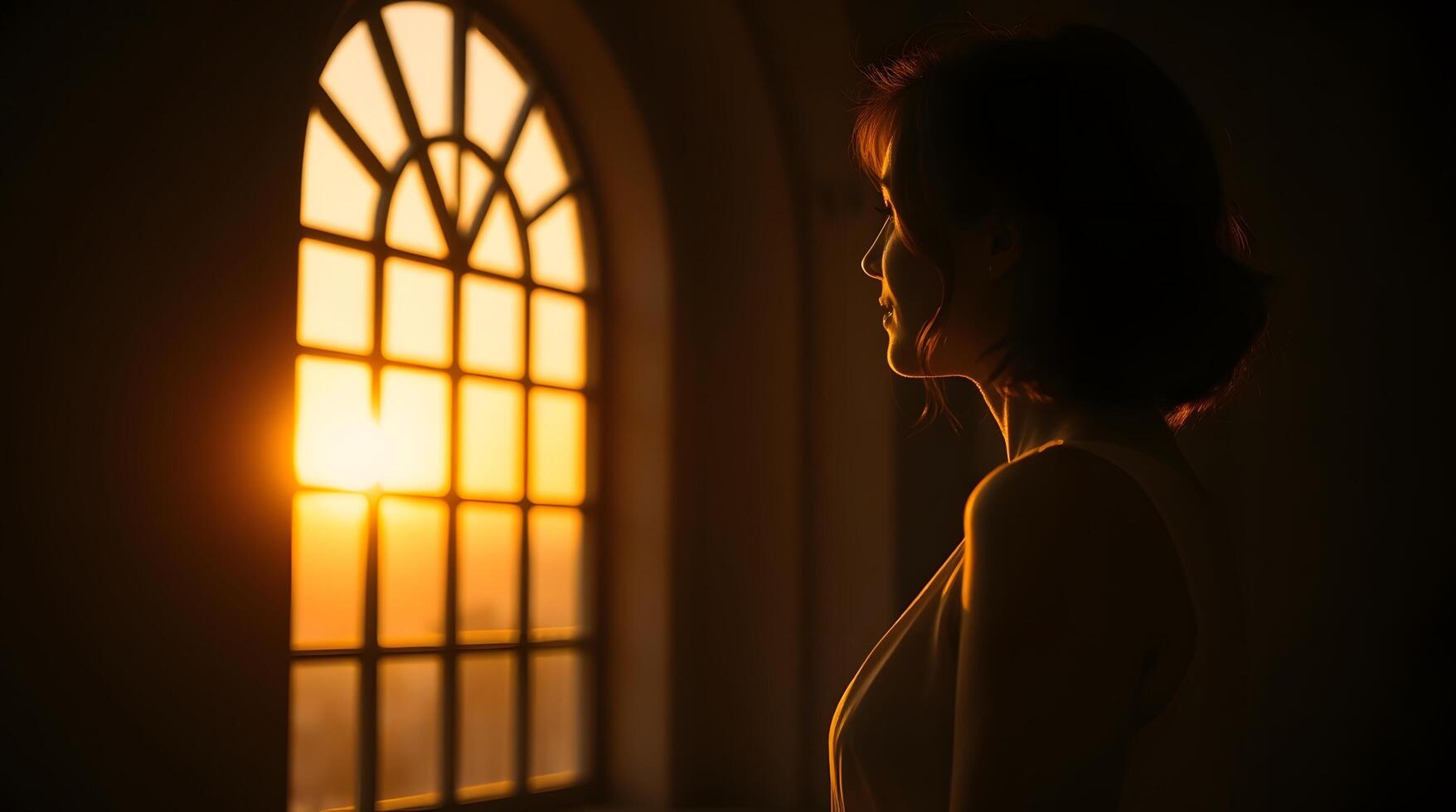 Woman Silhouette Looking at Golden Sunset Through Window in a Room photo
