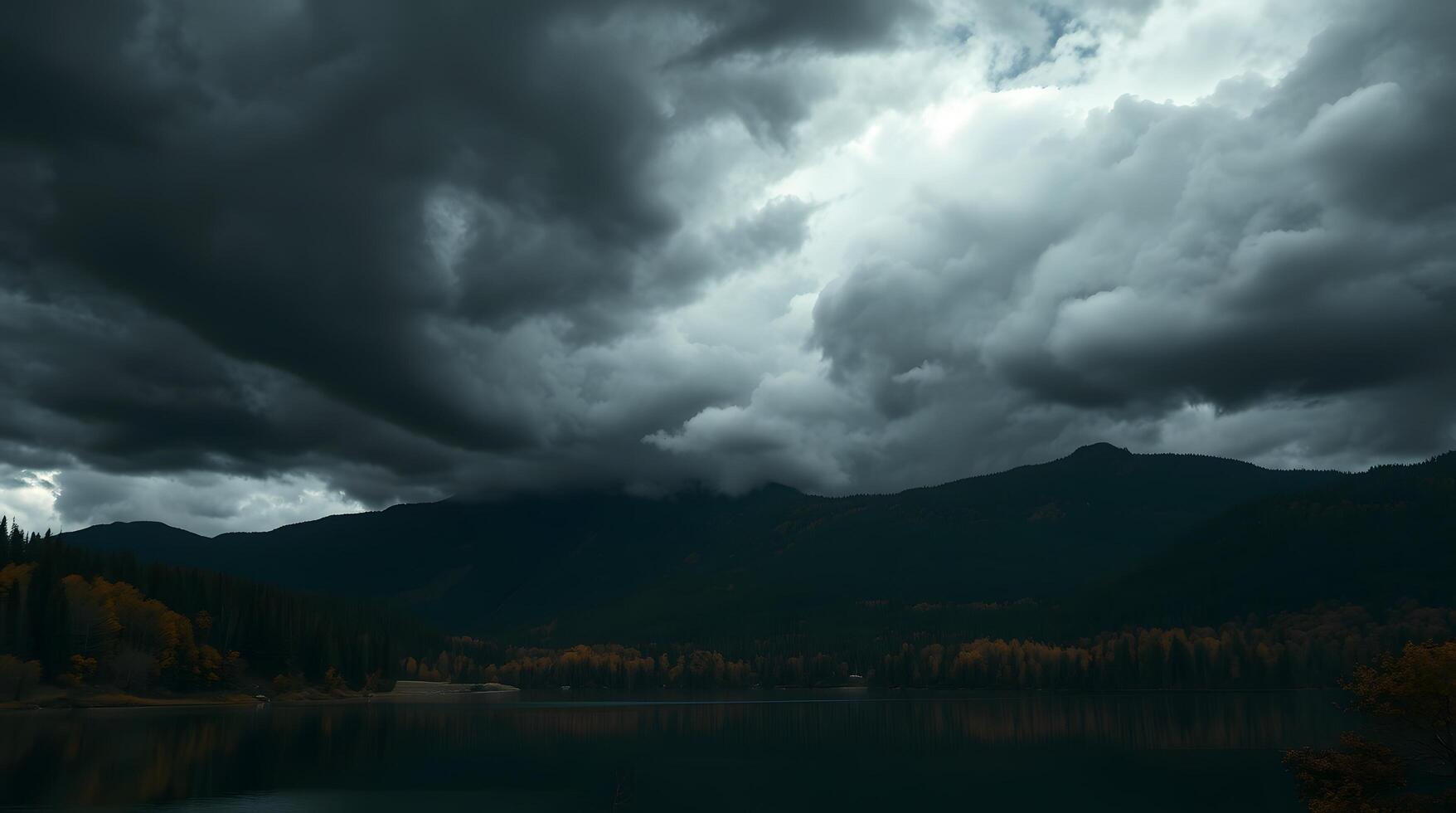 Lake Landscape with Dramatic Sky and Mountain Backdrop in Autumn photo