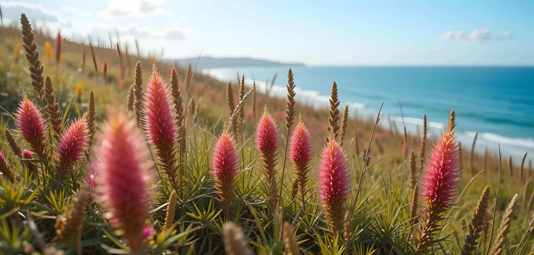 Pink Flowers on Coastal Hillside Overlooking the Ocean on Sunny Day photo