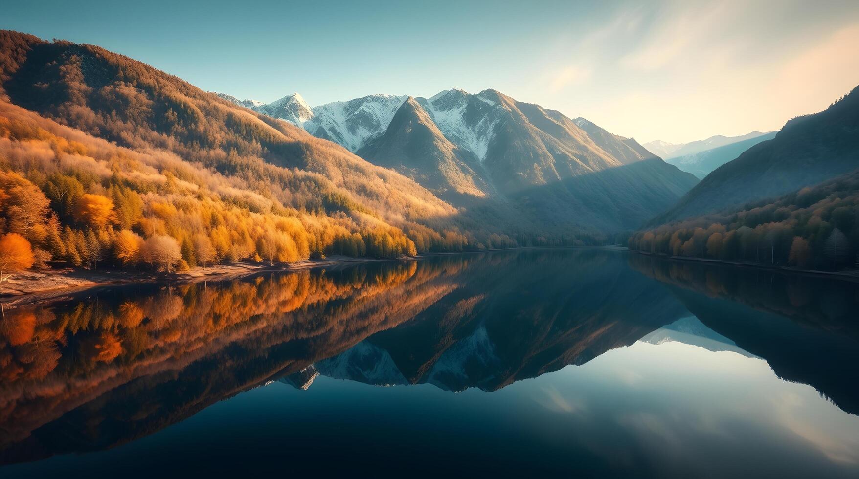 Calm Lake Reflecting Mountains and Autumnal Forest in Golden Light photo