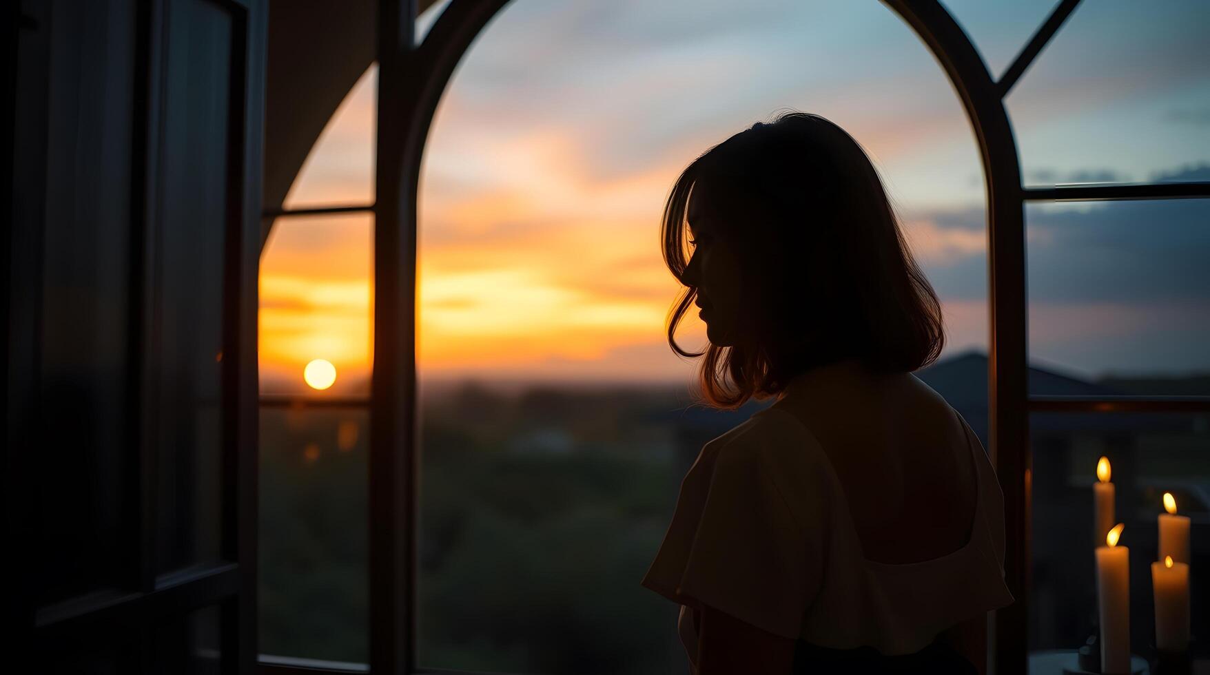 Woman Silhouette Watching Beautiful Sunset Through Window with Candles photo