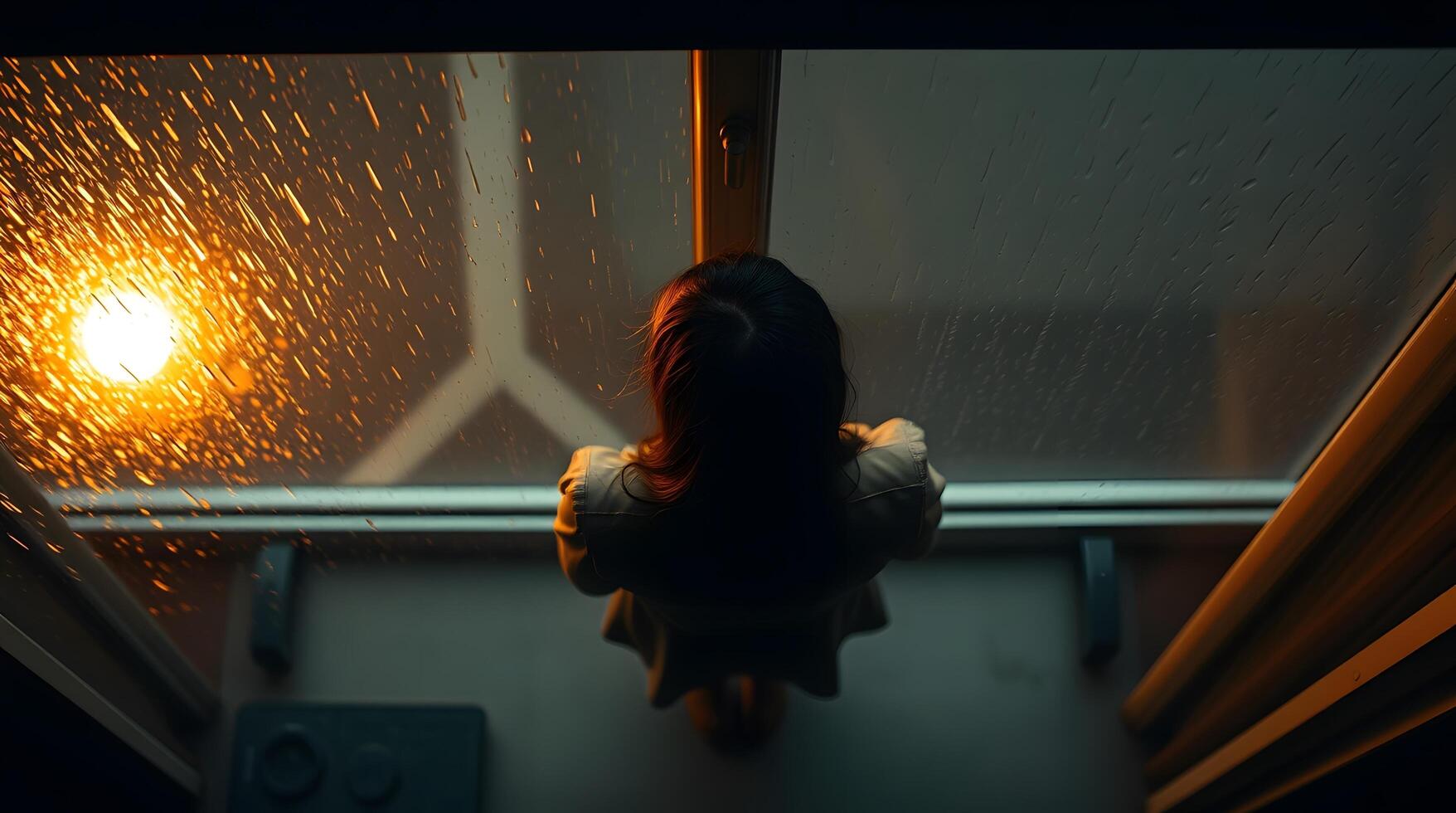 Woman Watching Rain Through Window with City Lights in the Evening photo
