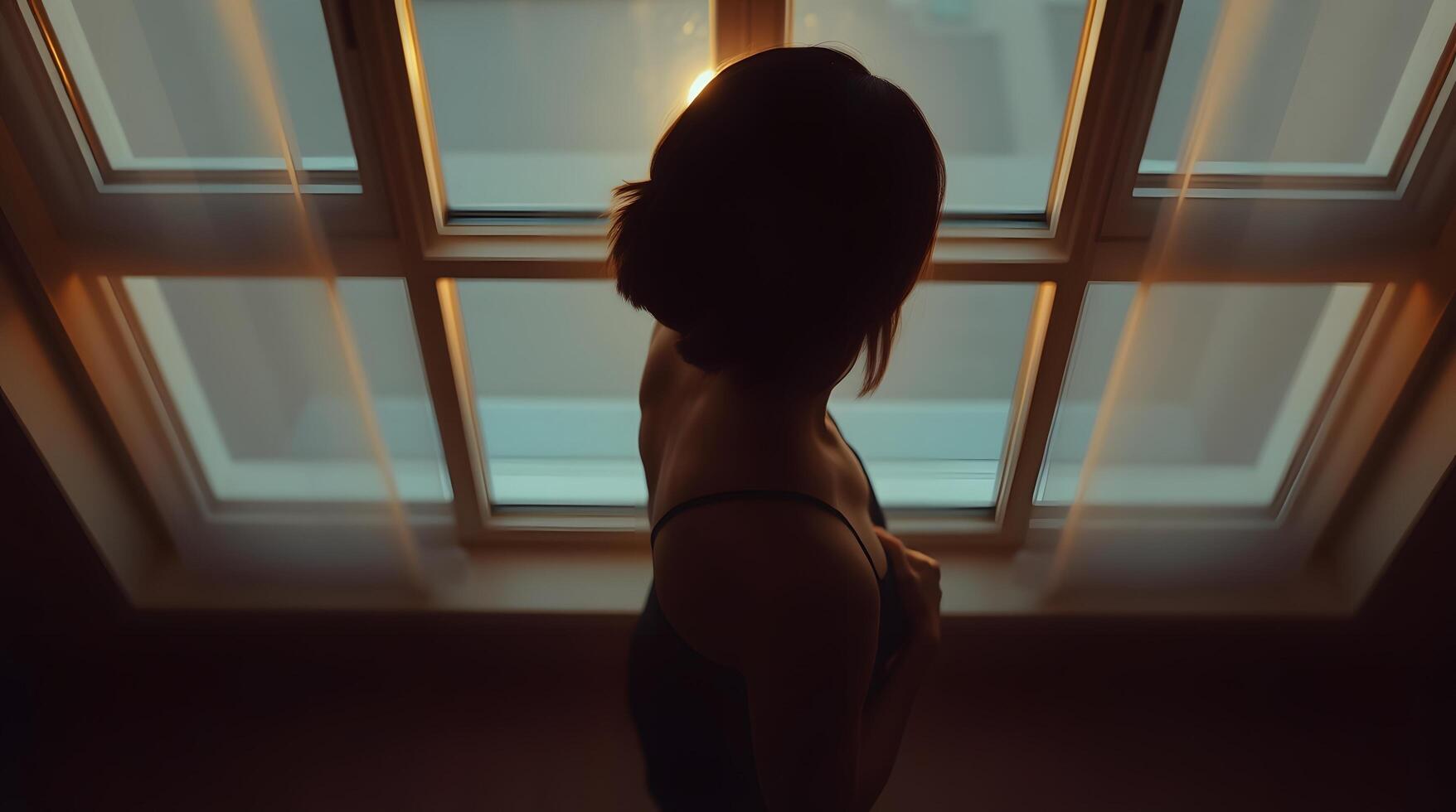 Woman Standing by Window with Sunlight Streaming Through in a Bedroom photo