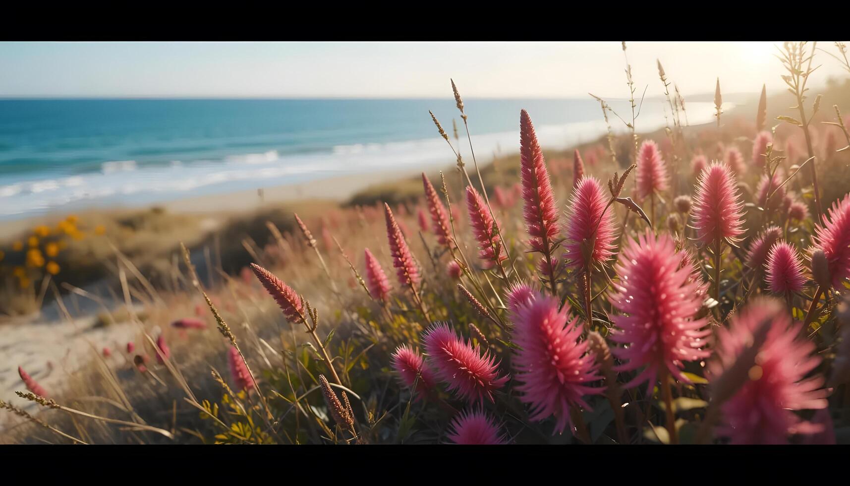 Pink Flowers Bloom on Coastal Dune Overlooking Tranquil Ocean Beach photo