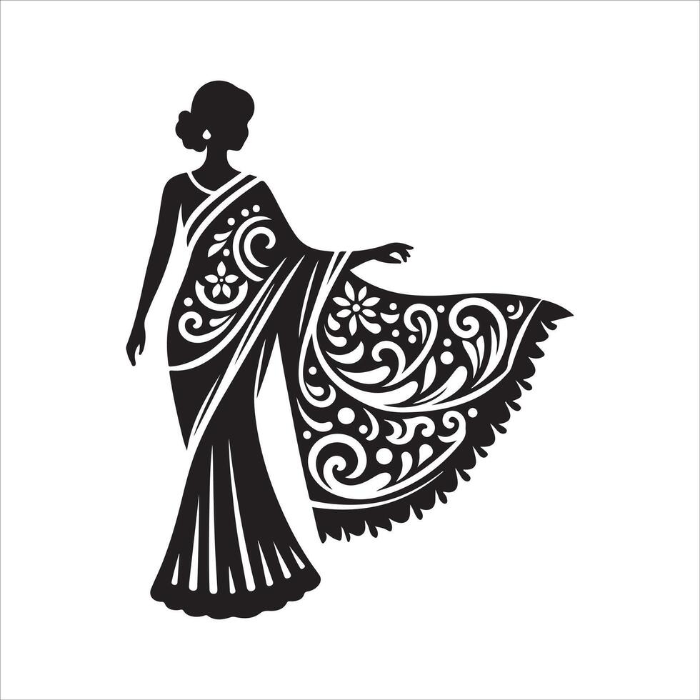 Simple and Elegant Saree Black Silhouette vector