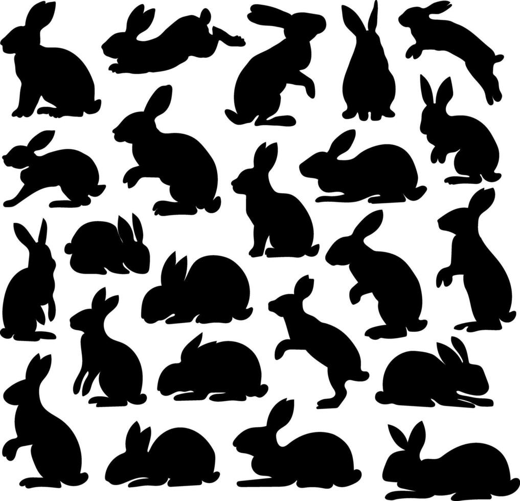 Rabbit silhouettes in a black set with various shapes. vector