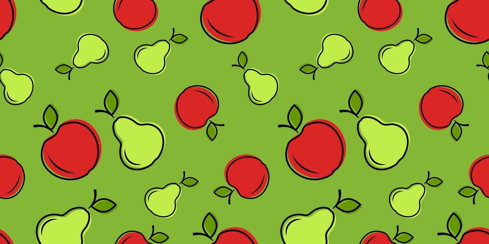 Bright pattern with apples and pears on a green background vector