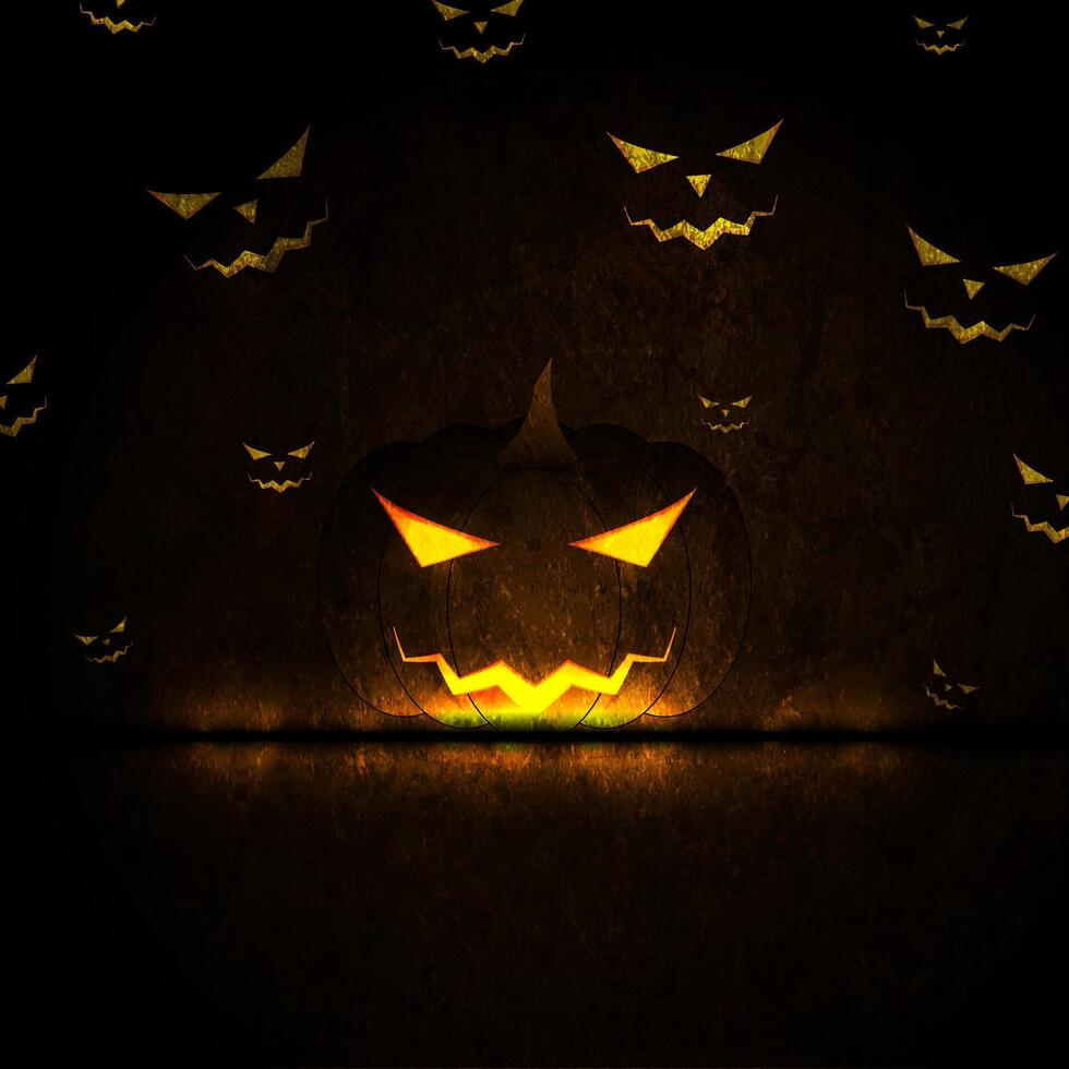 Jack o lantern pumpkin and glowing eyes of monsters in the dark of night. Halloween abstract grunge background vector
