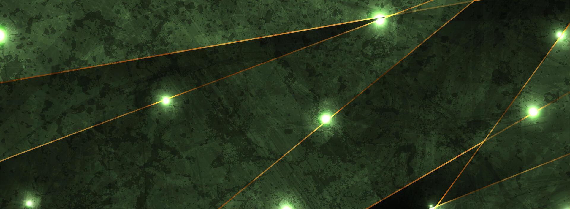 Green and golden shiny tech background with glowing lights vector