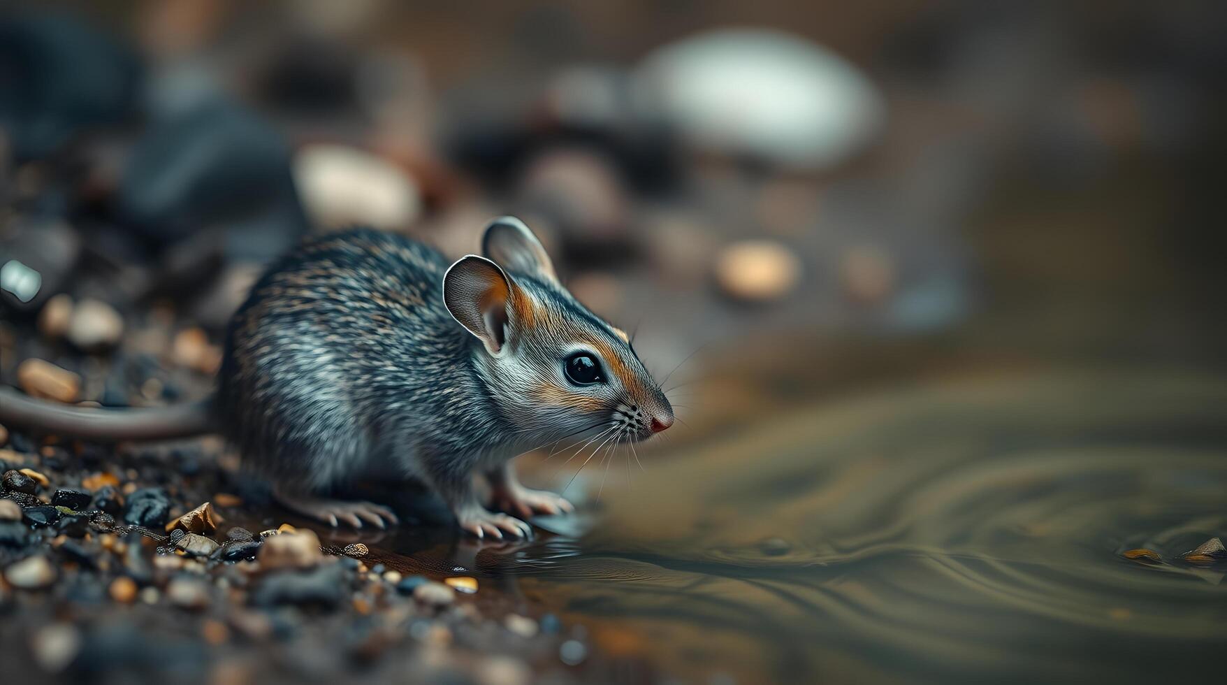 Cute Little Mouse Drinking Water at Edge of Stream in Nature photo