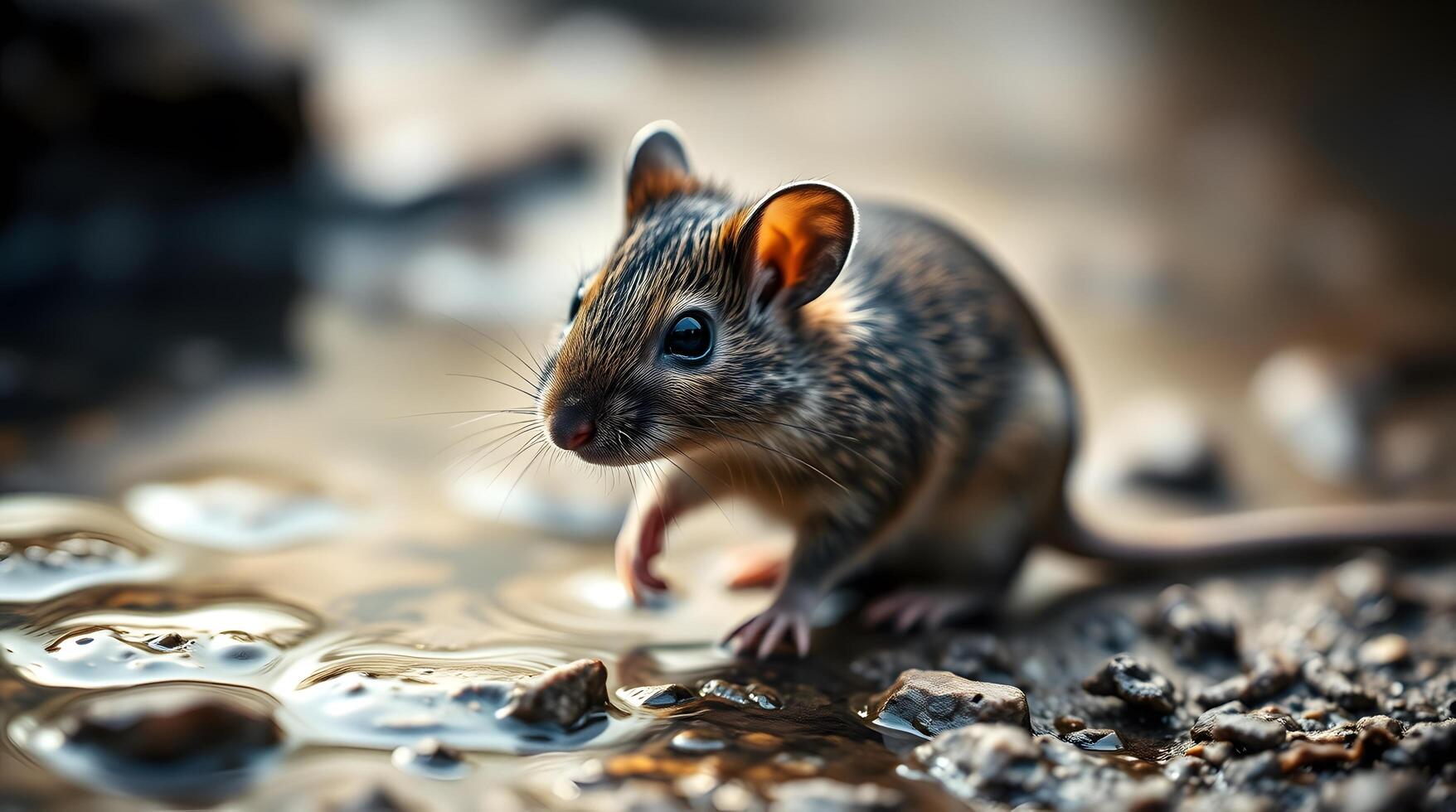 Small Brown Mouse Walking Near Water Puddle on Ground Outdoors photo