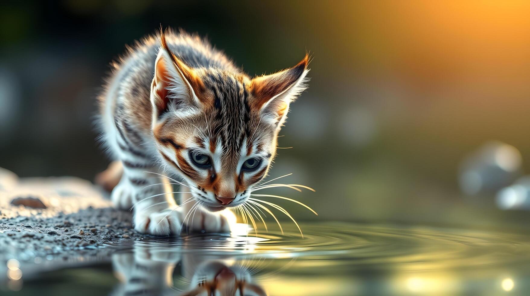 Curious Kitten Drinking Water From Rippling Puddle at Golden Hour photo