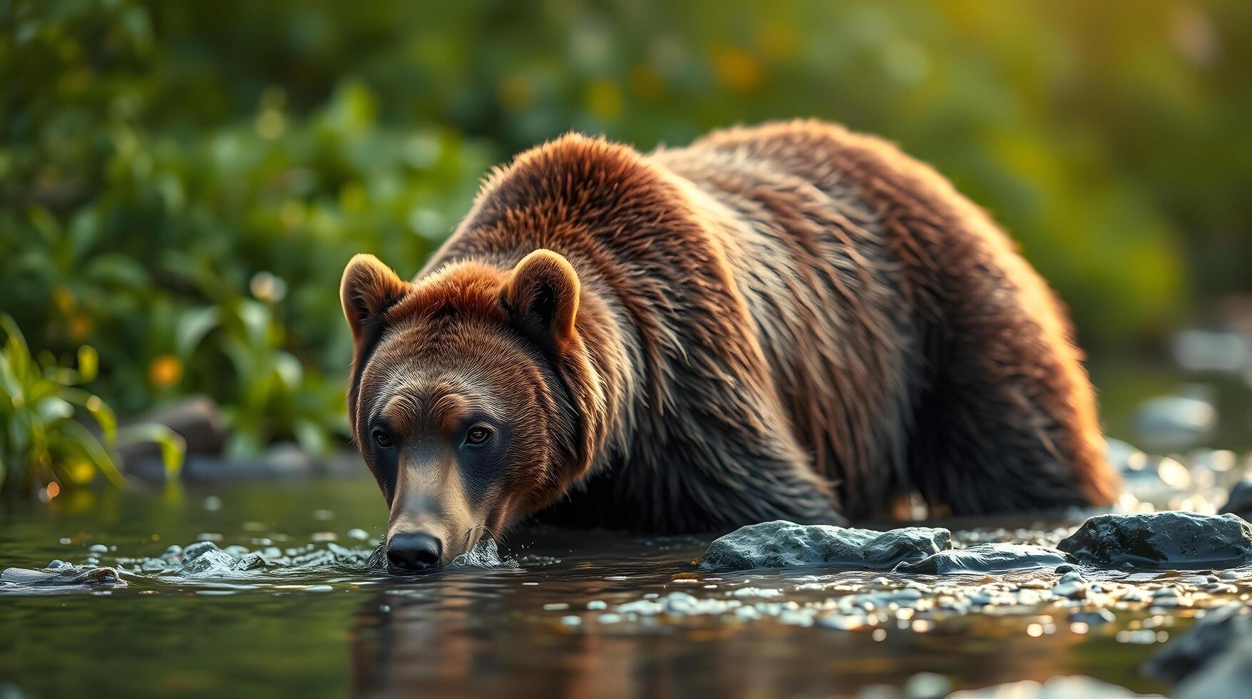 Brown Bear Drinking Water in Stream with Green Forest Backdrop photo
