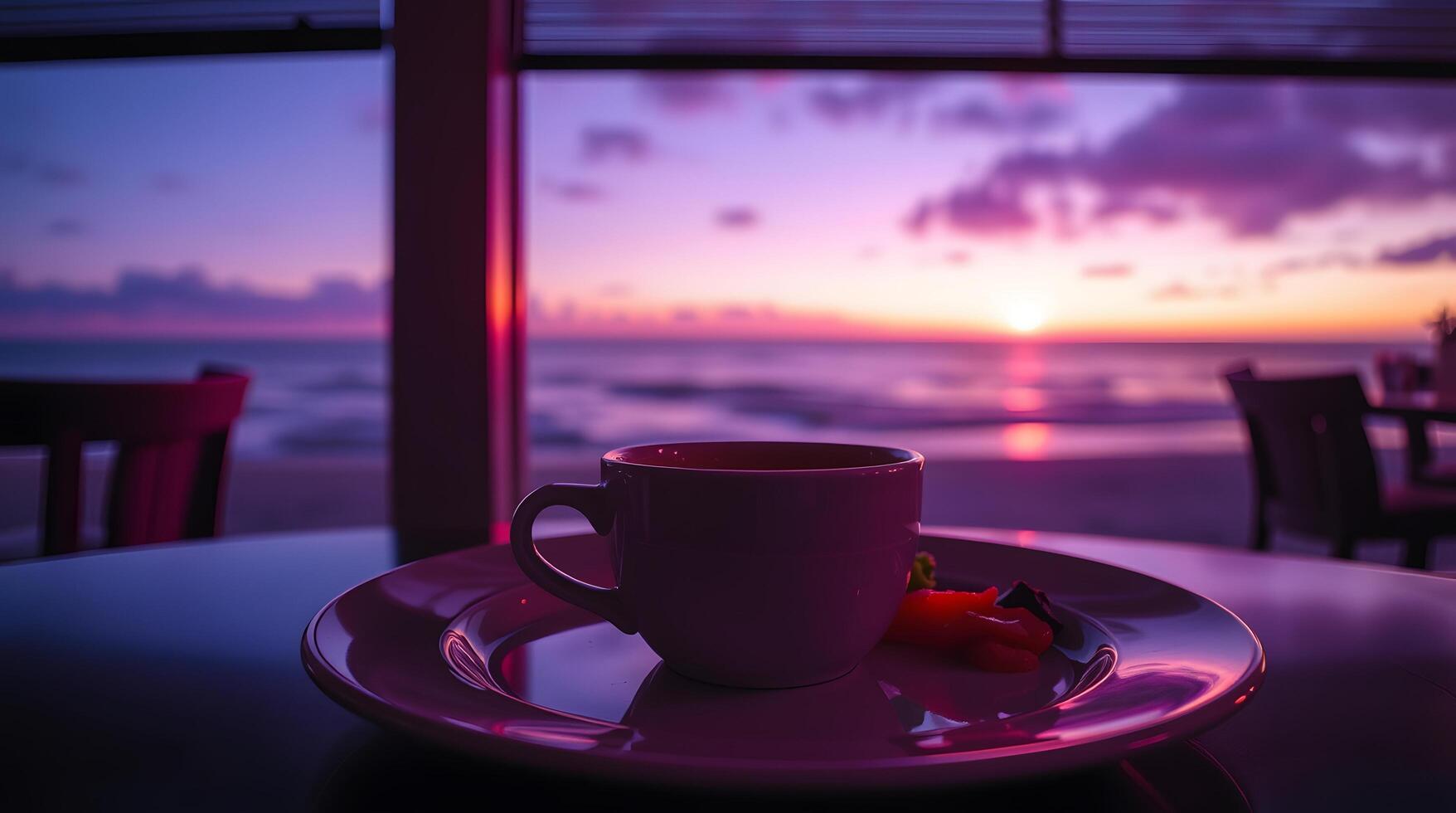 Coffee Cup and Beach Sunset View for Relaxing Coastal Getaway photo