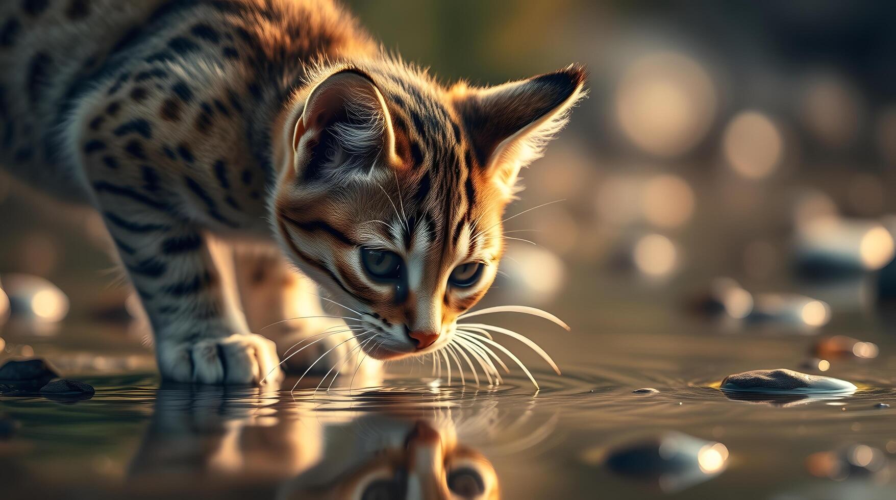 Cute Kitten Drinking Water From Puddle with Reflection in Nature photo