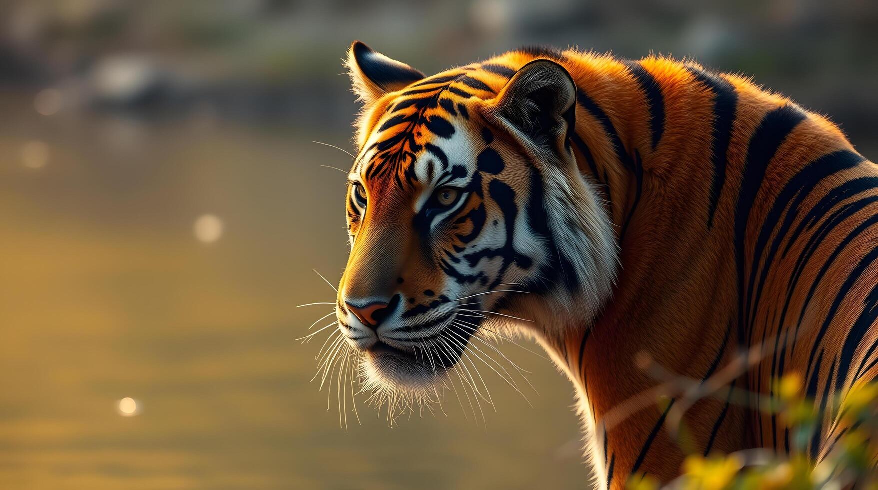 Majestic Tiger Posing Near Water in Golden Hour Lighting photo