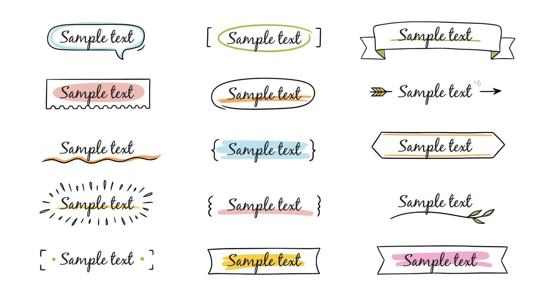 Text title frame handwriting ribbon, square, circle decoration element. Doodle cute title frame simple text box, label, tag. Hand drawn sketch style decoration. vector