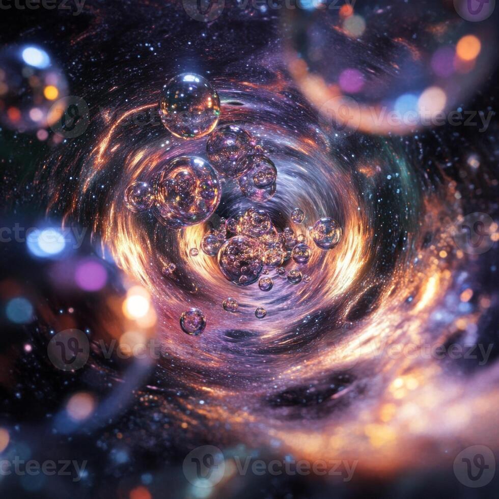 Vortex of light and bubbles in deep space. surreal cosmic swirl photo