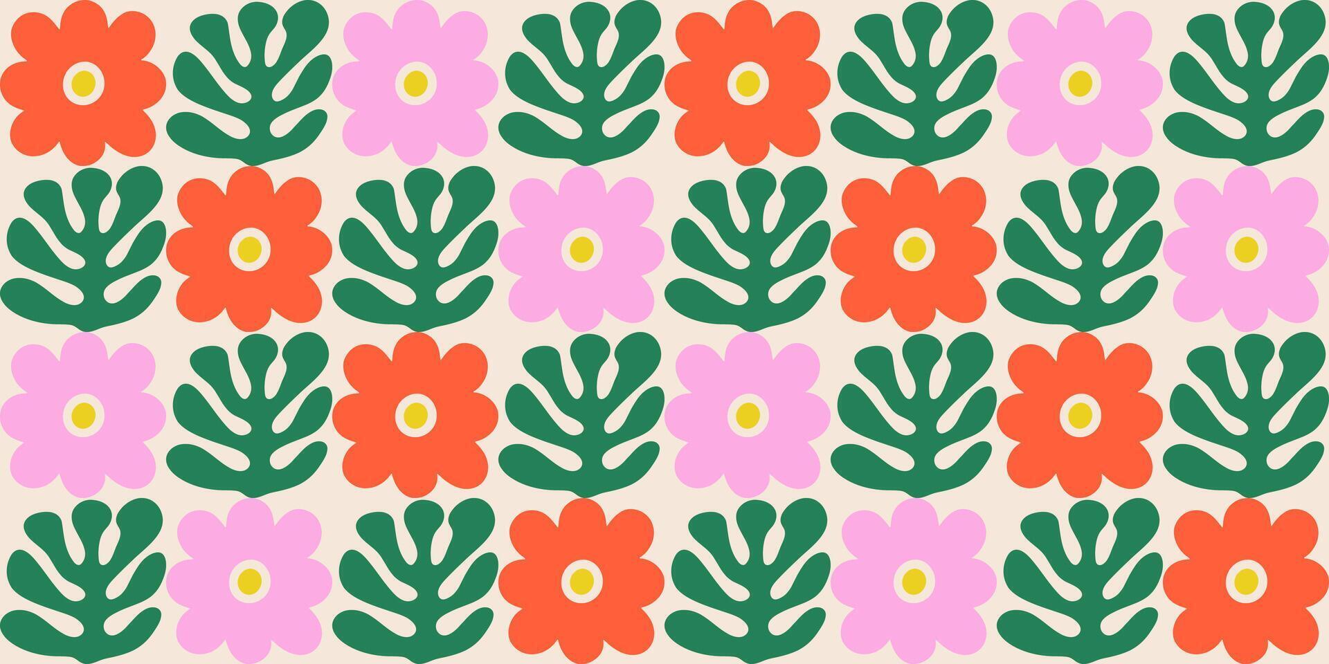 Seamless geometric floral pattern with abstract hand drawn flowers in a colorful square grid. Bold modern design for textiles, wallpapers, packaging. vector