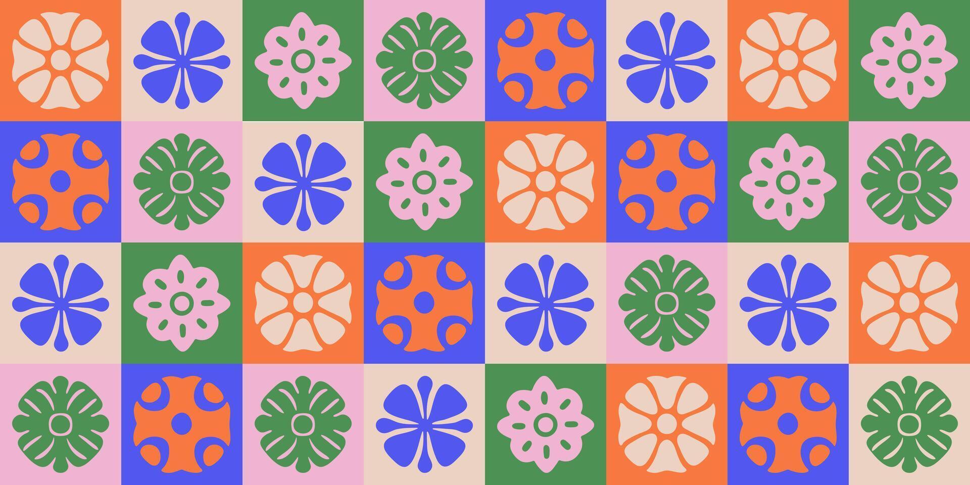 Seamless geometric floral pattern with abstract hand drawn flowers in a colorful square grid. Bold modern design for textiles, wallpapers, packaging, and digital backgrounds. vector