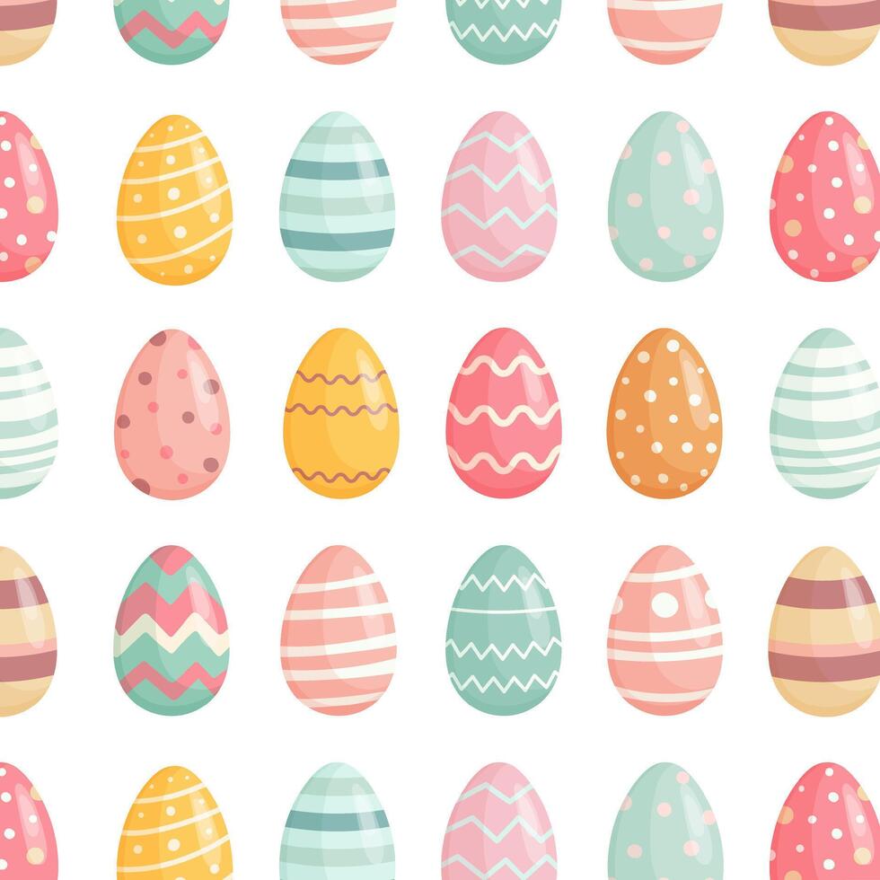 Seamless pattern of colorful Easter eggs with various decorative designs, arranged in an even grid on a white background. Perfect for festive textiles, gift wrap, and holiday decor. vector