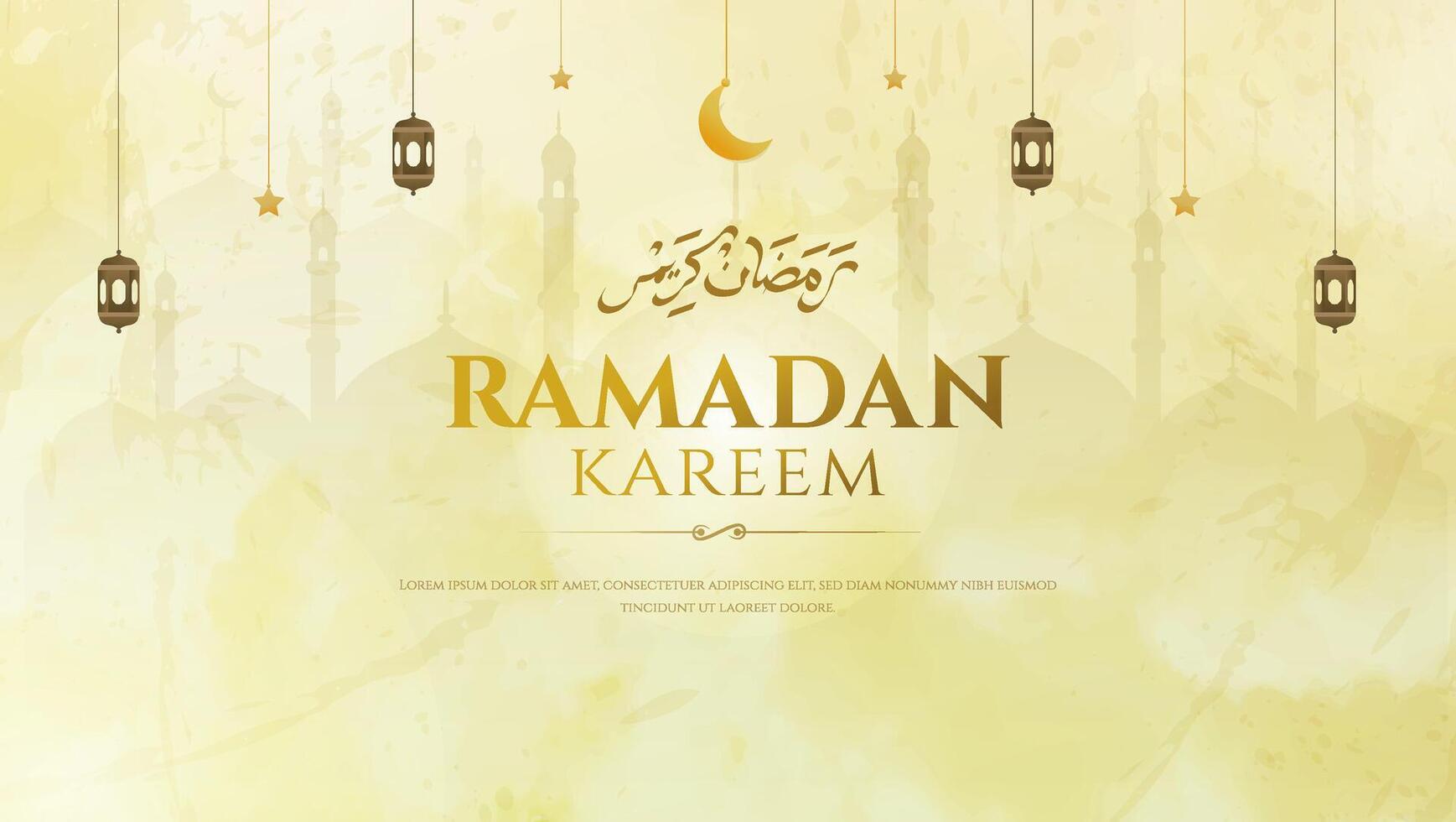 Elegant Ramadan Greeting Card with Lanterns and Crescent Moon on Yellow Background vector