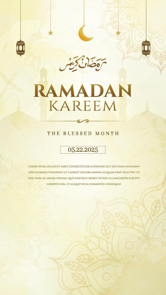 Vertical Elegant Ramadan Kareem Greeting with Lanterns and Crescent Moon on Decorative Background vector