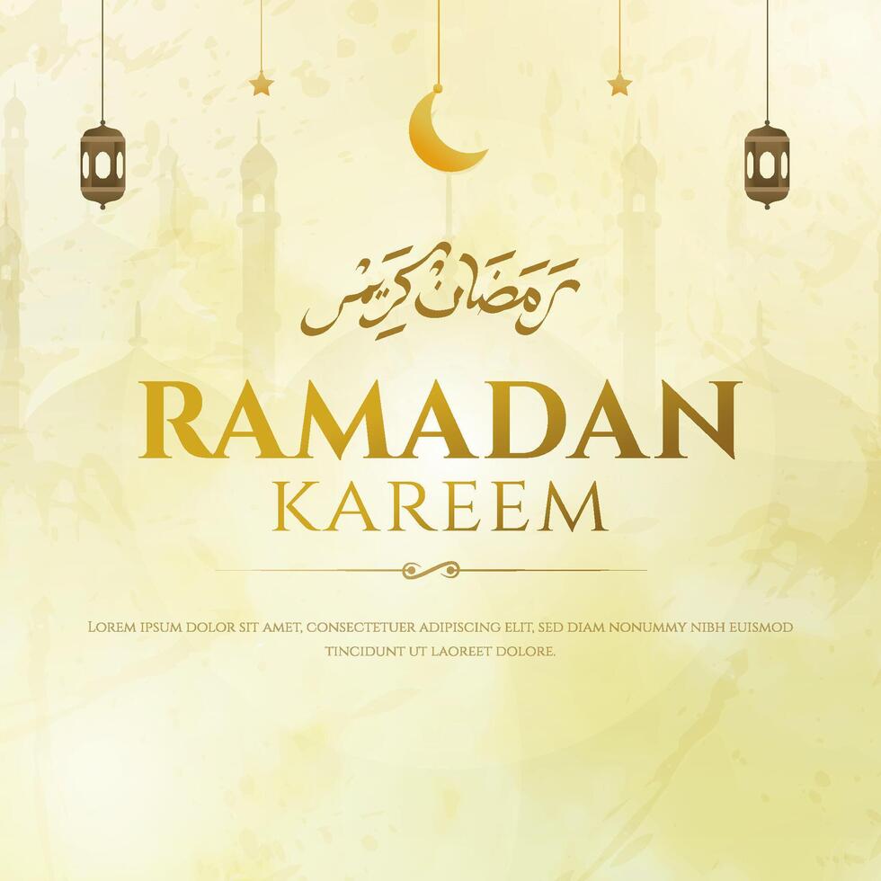 Elegant Ramadan Kareem Greeting with Lanterns and Crescent Moon vector