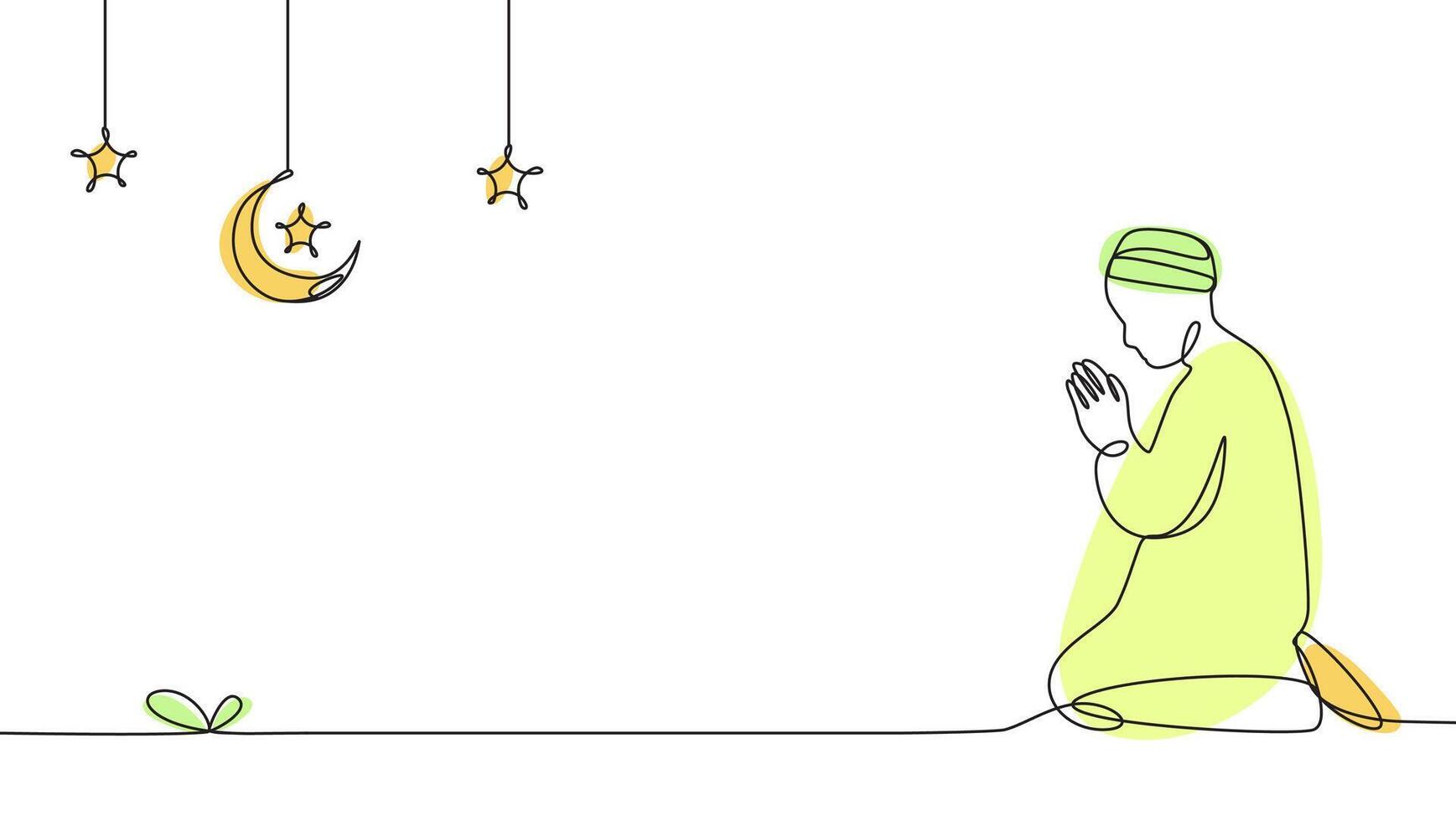 Minimalist Illustration of a Person Praying Under Stars and Crescent Moon. Suitable for ramadan or islamic template. vector