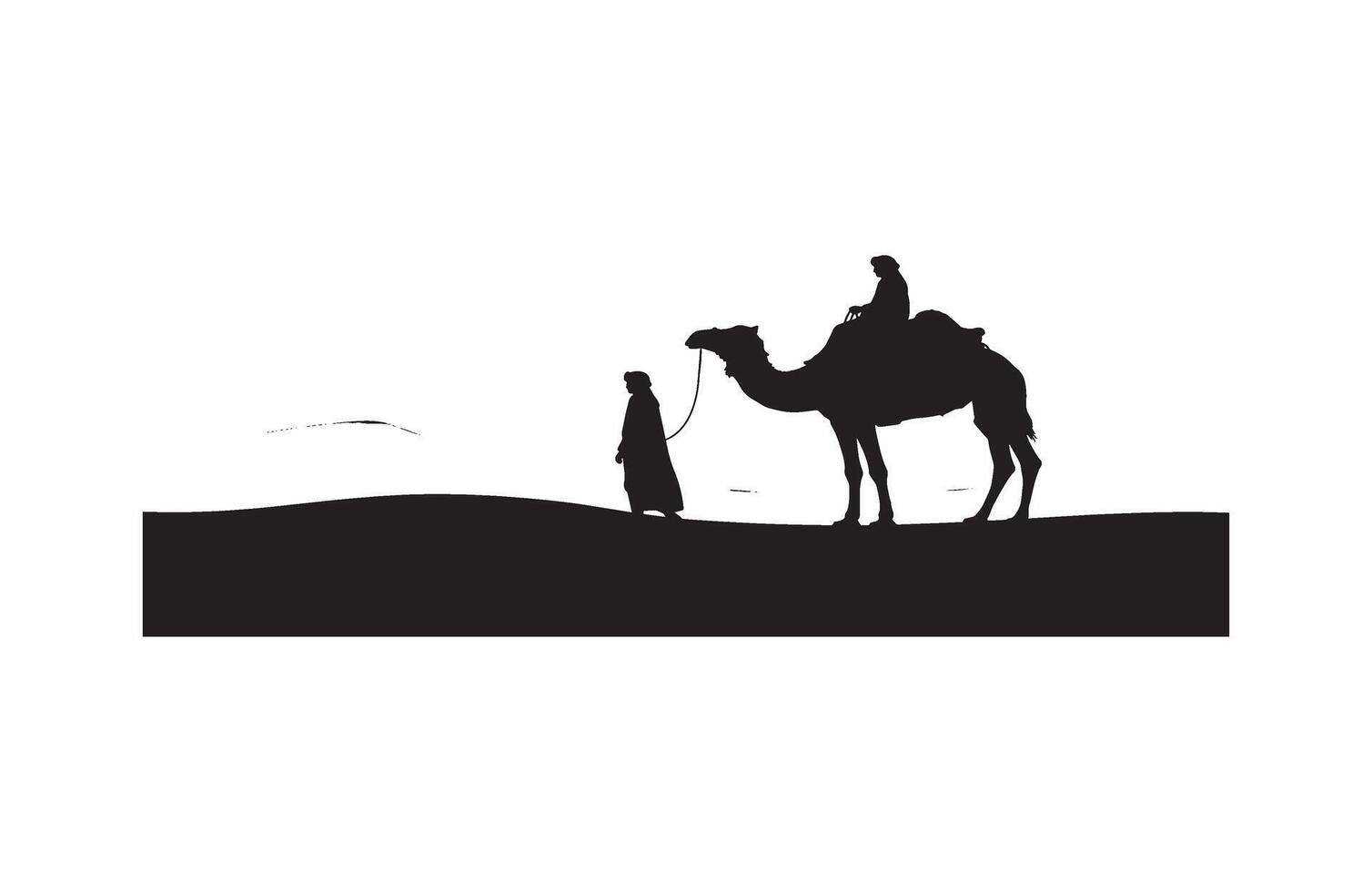 Silhouette man walking camel under desert rain vector
