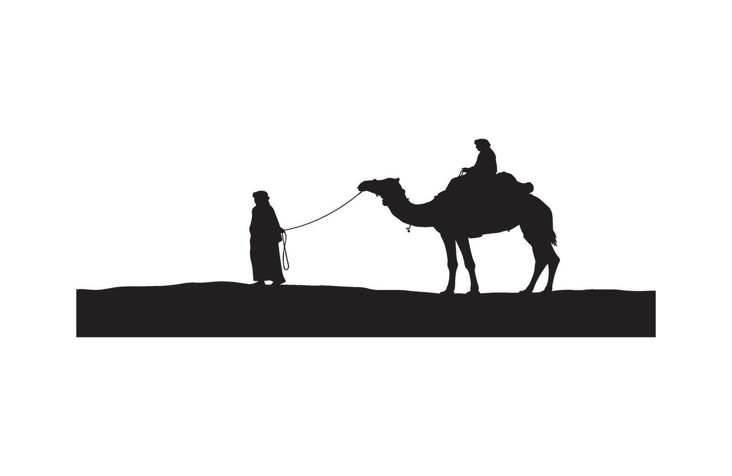 Man leading camel walking across dry desert vector