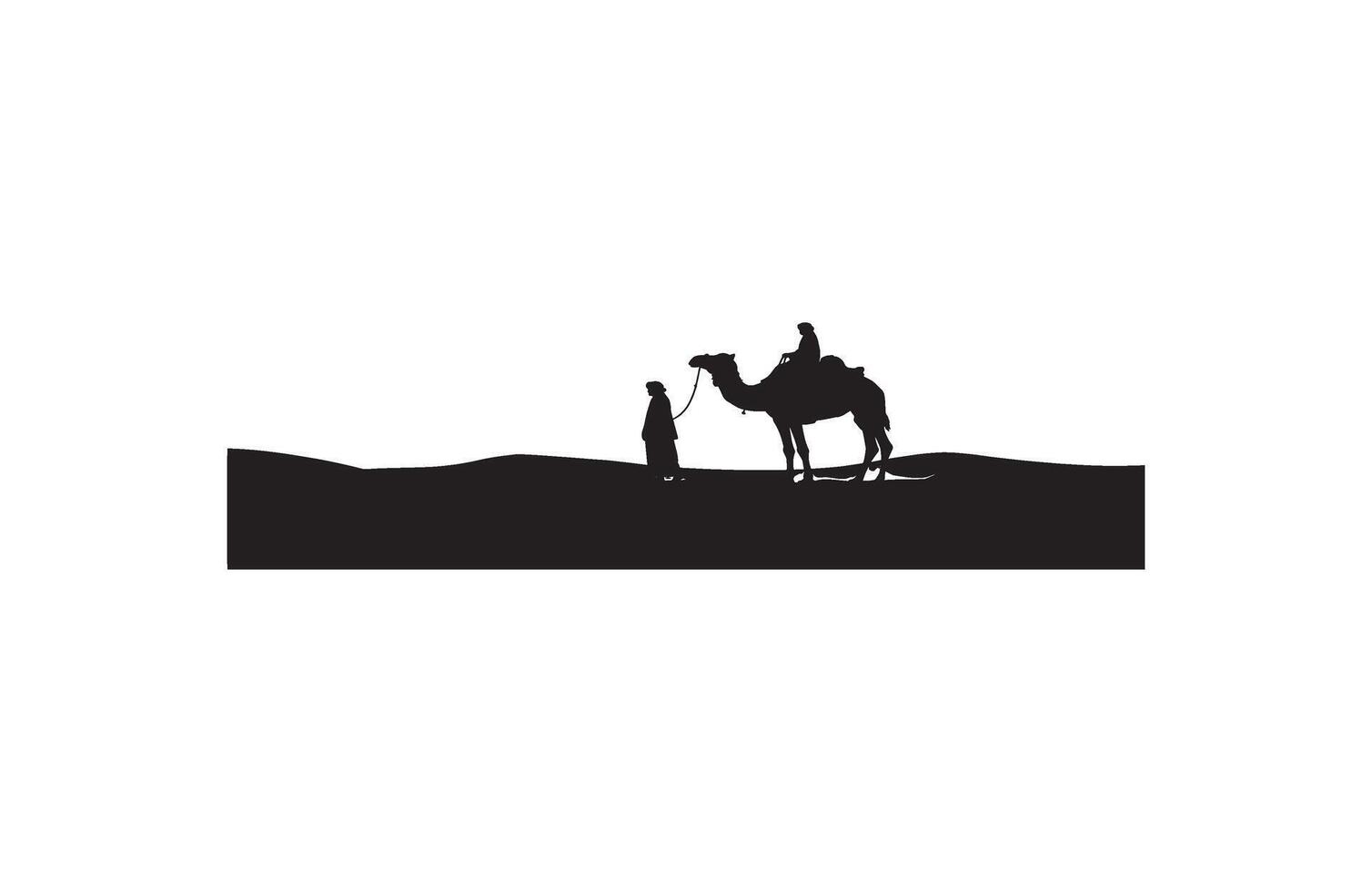 Man walking camel during travel across dunes vector