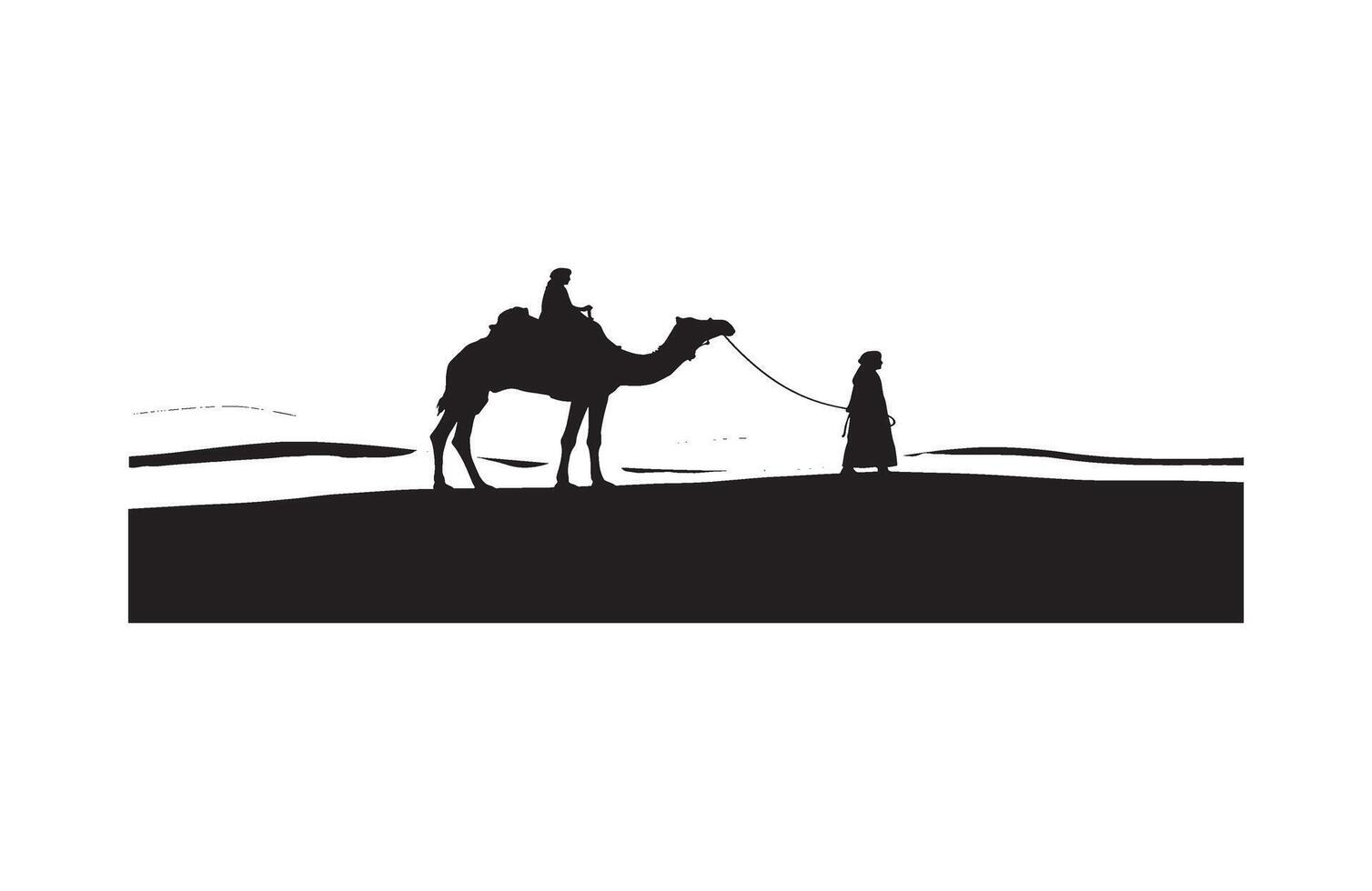 Walking journey man guiding camel in desert vector