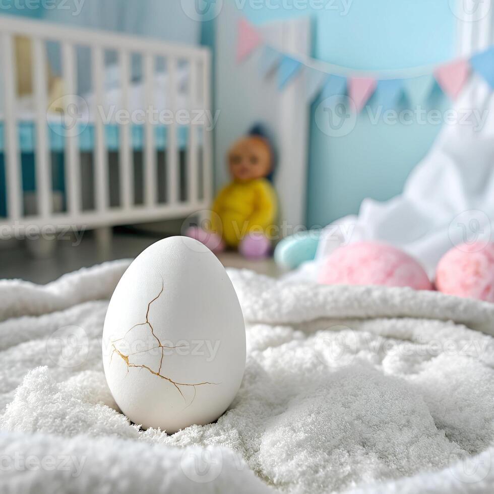 A cracked egg sitting on a bed in a nursery photo