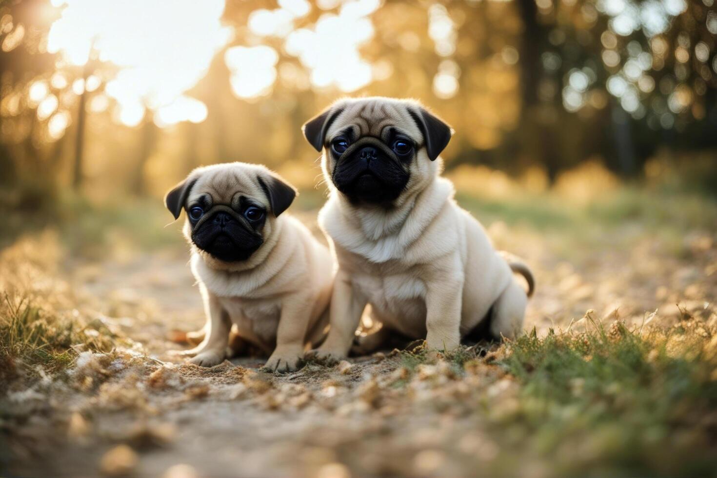 puppy pug couple dogs adorable isolated happy 2 pet mammal seated lady portrait creature studio bow canino lap tie small looking 1 bull photo