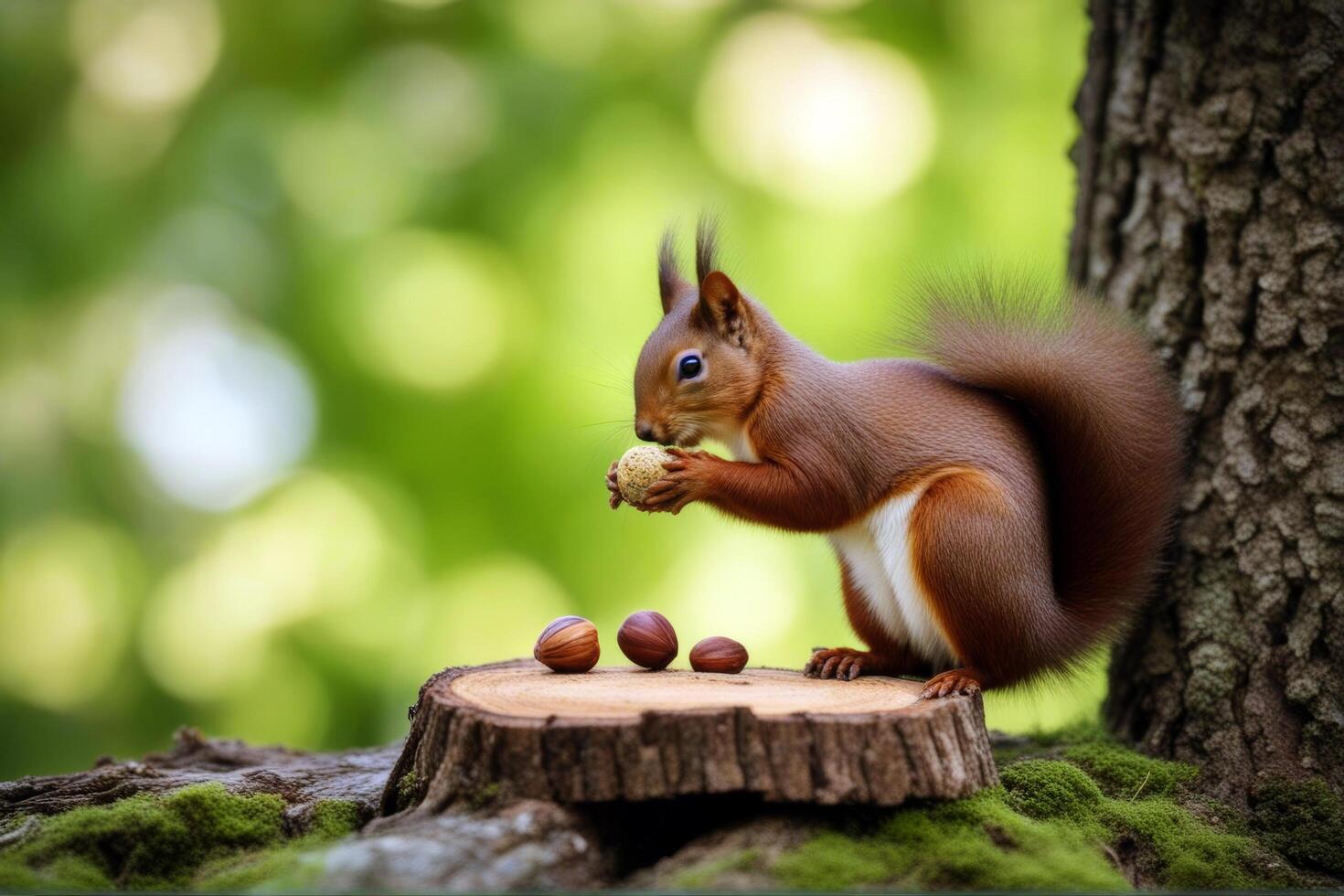 tree perched green stump bcakground Red hazelnut eating squirrel wildlife furry nature looking fluffy park animal curious tail fur creature sciurus wood cute wild photo