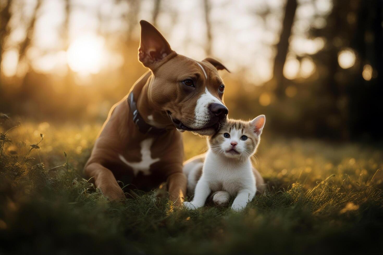 staffordshire kitten little terrier American dog lying love funny cute security outdoors nature play cat lawn background friendly staff guard family care photo