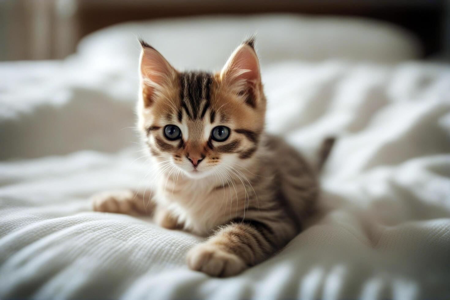bed lie Small kitten beauty red fluffy portrait curiosity beautiful sitting friendship mammal striped cover cute tabby lying apartment young whisker felino photo