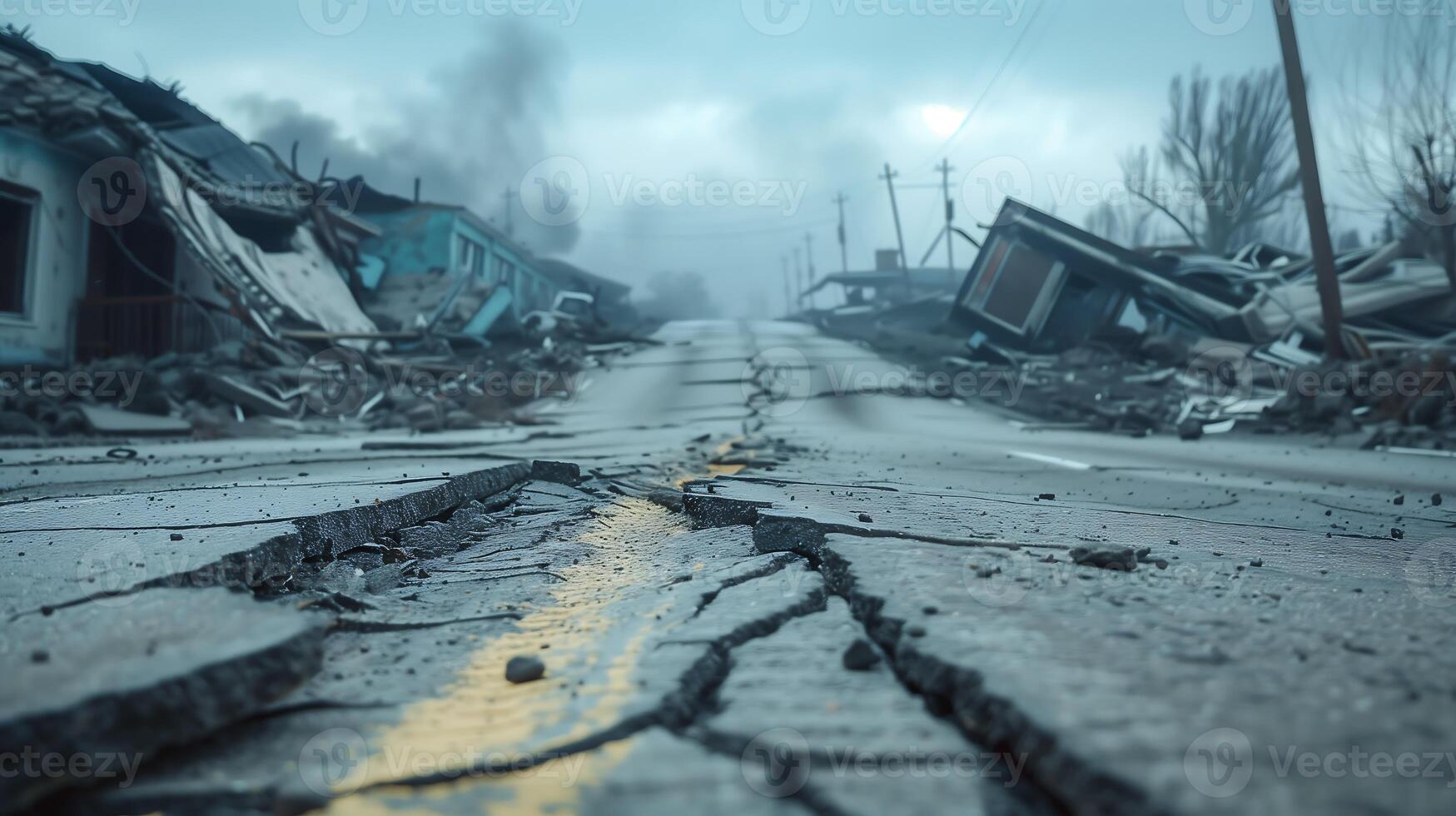 Realistic Disaster Scene with Cracked Road and Debris After Earthquake photo