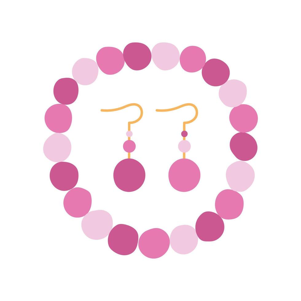 Flat illustration of pink beaded necklace and matching earrings on white background vector