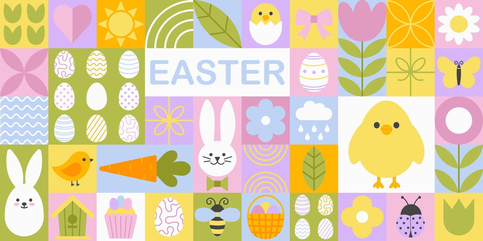 Cute easter modern geometric mosaic seamless pattern. Simple shapes and icons in flat minimalist style. Spring ornament for print, banner, card, fabric, cover, wrapping paper, wallpaper vector