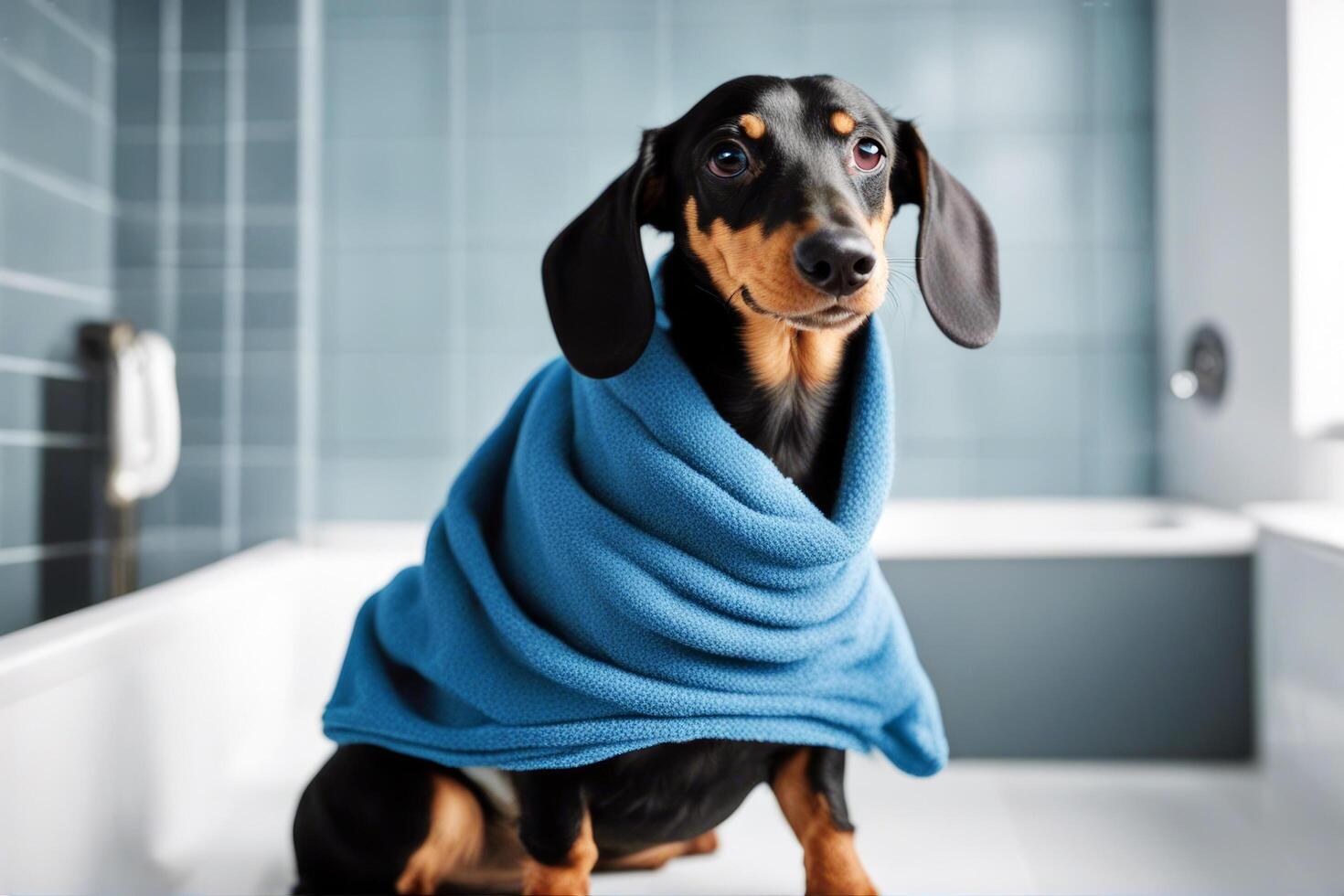black isolated white breed wrapped towel background bath head tan dachshund blue dog friends portrait doggy hygiene beauty sausage washing soft bathe spa funny photo