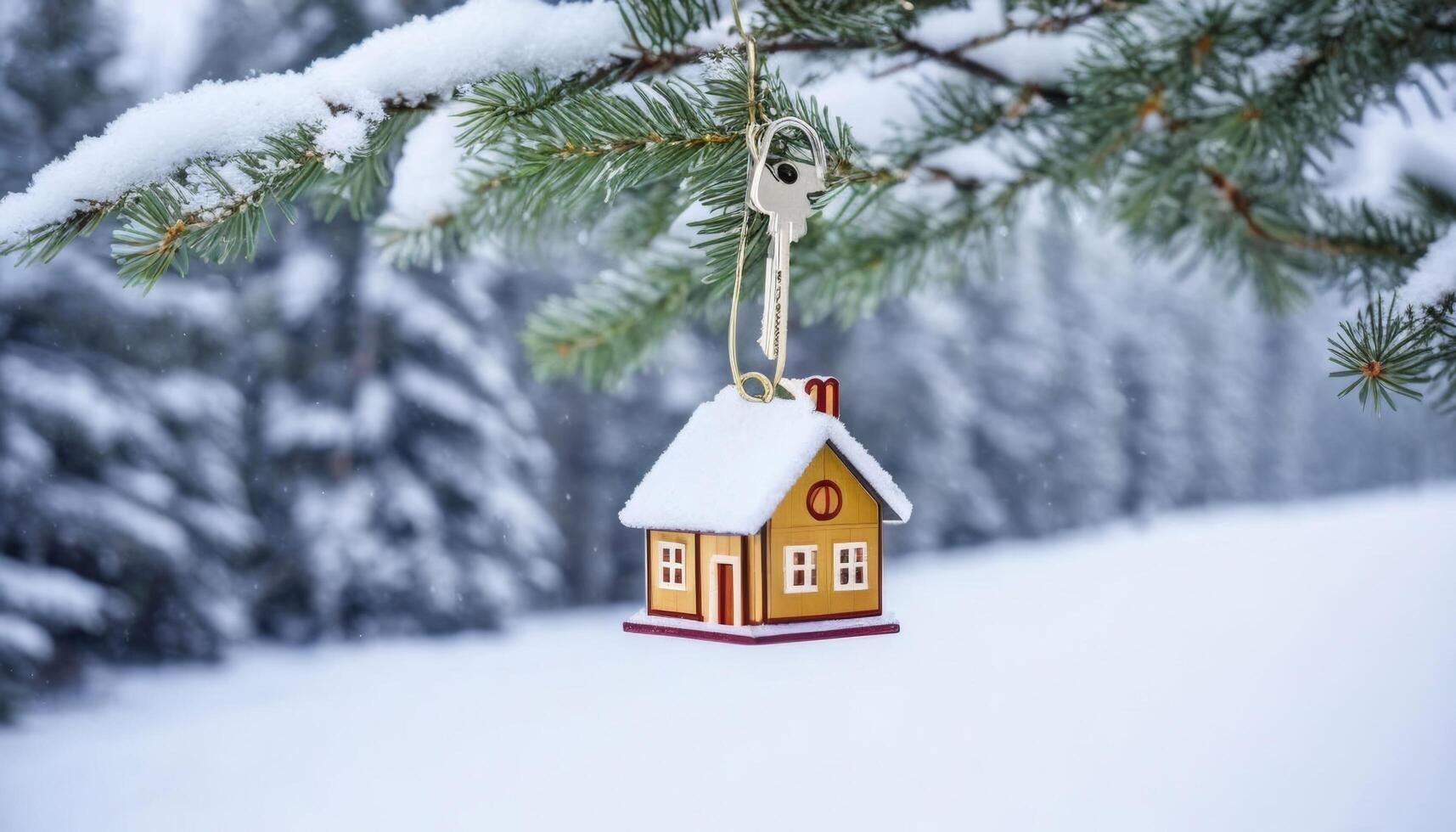 hangs concept winter shaped key gift house real forest property key background home winter real estate renting snowy landscape background moving copy space home estate property toy concept christmas t photo