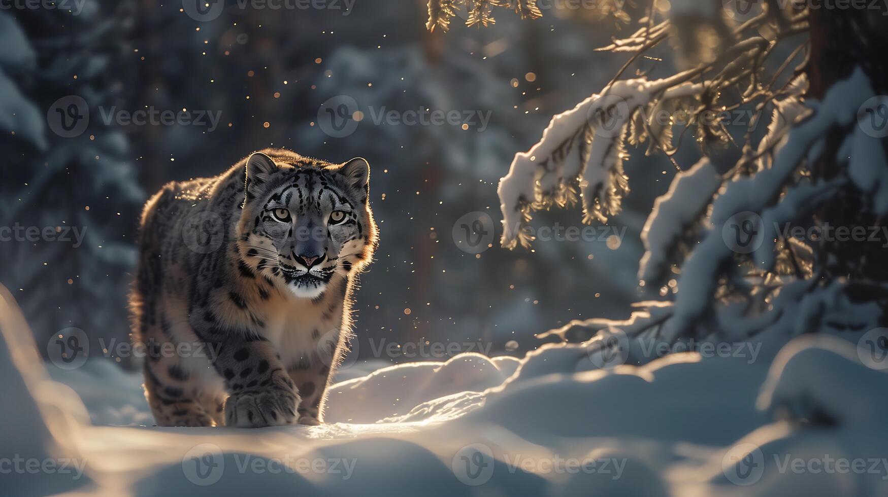 Wild Snow Leopard in Snowy Mountain Scenery photo