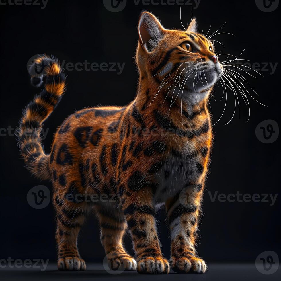 Bengal Cat Standing Pose on Black Background with High Detail Fur Texture photo
